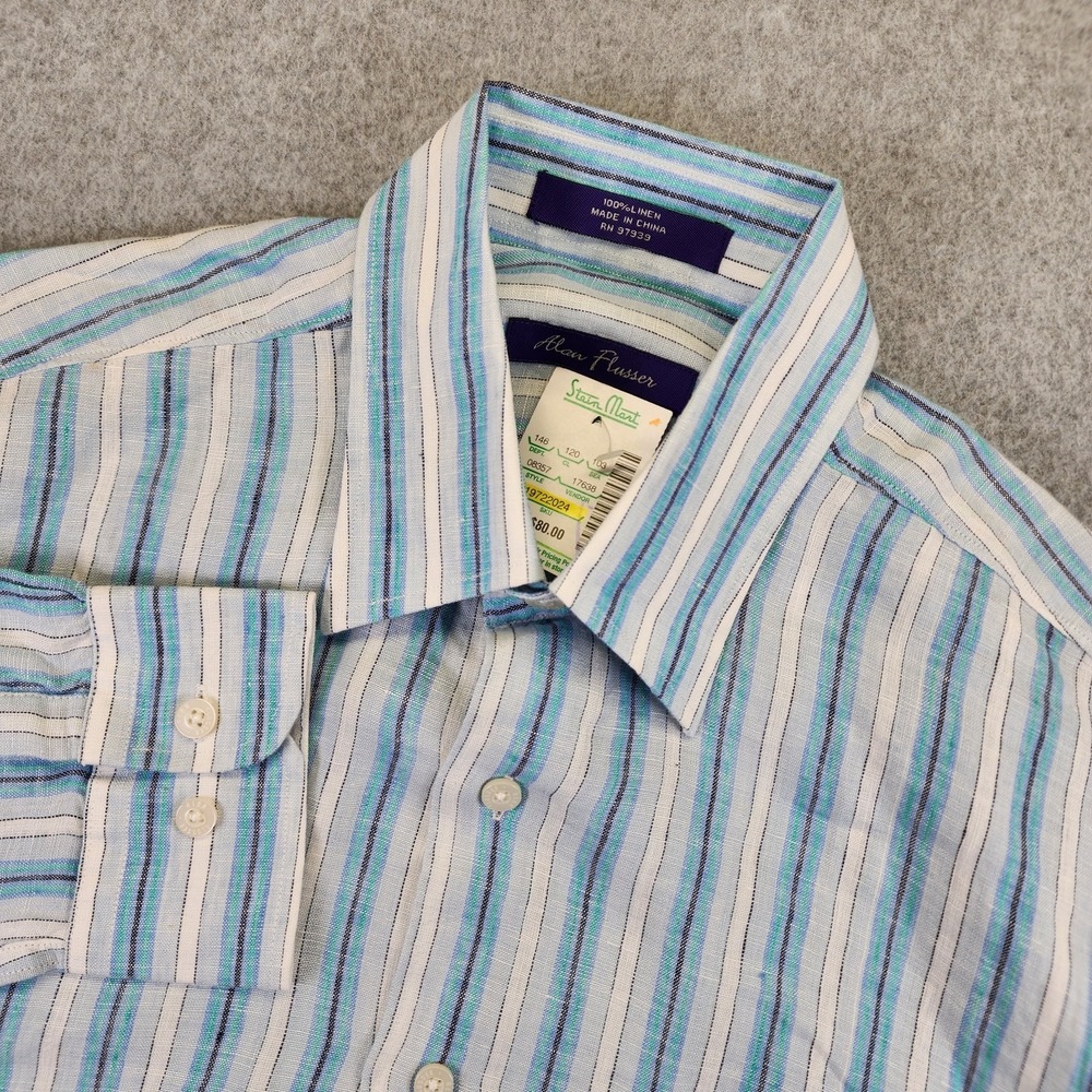 NEW Alan Flusser Mens M Long Sleeve Linen Shirt Button Up Striped Blue